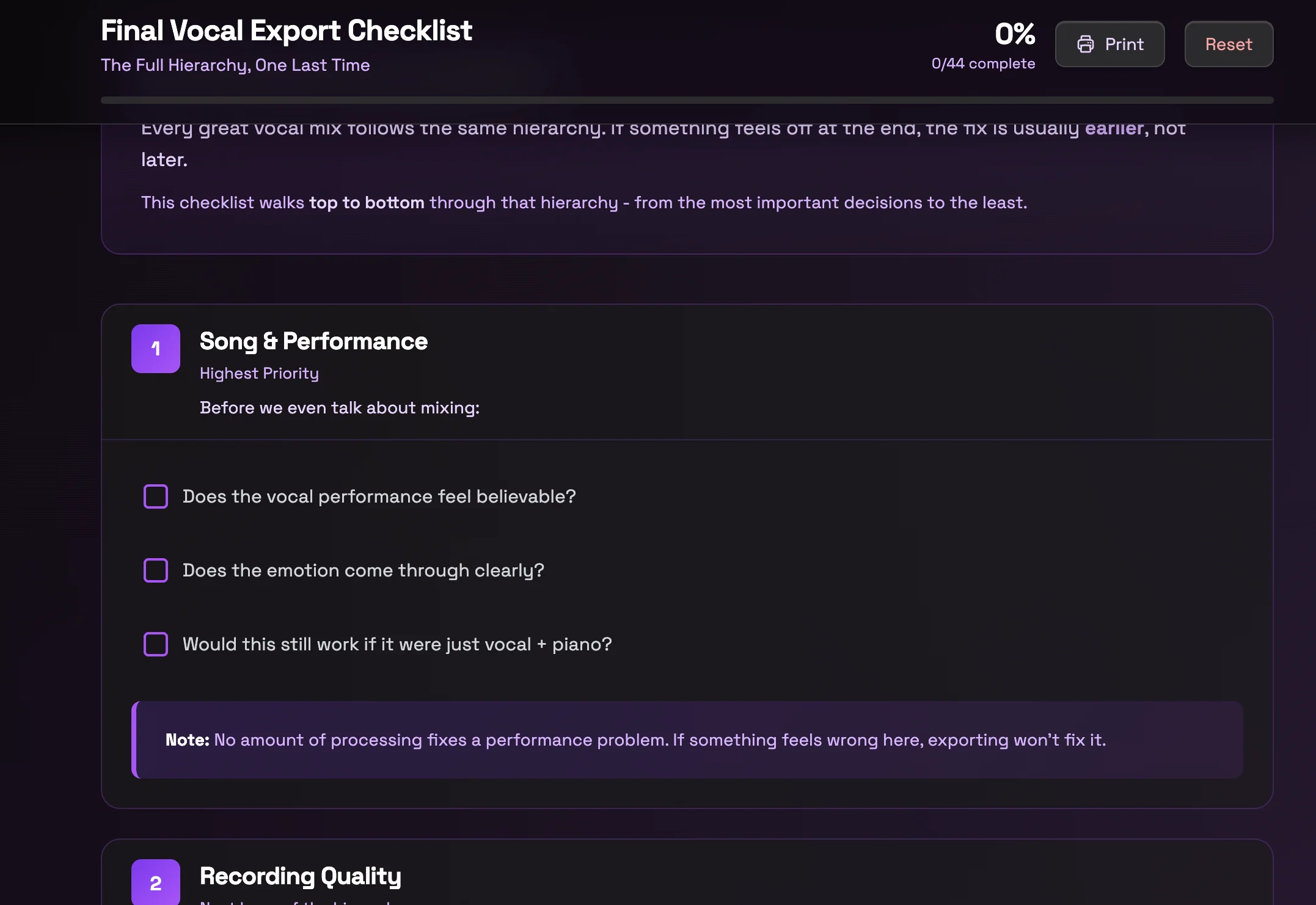 Vocal Production Checklist